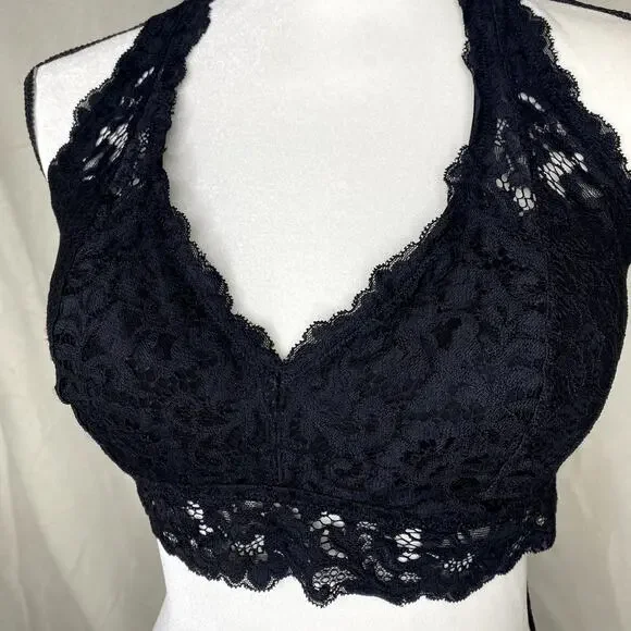 DOBREVA Padded Floral Halter Lace Wireless Bralette Black Large Intimates Bra - Picture 3 of 11